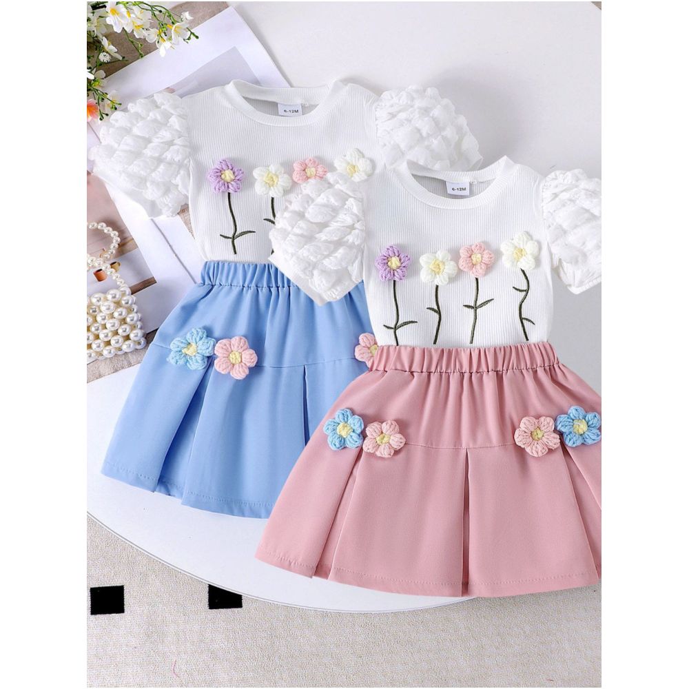 1 4 year old girl s summer cute flower bubble short sleeved top pleated skirt two piece set for foreign trade children s clothing image 0