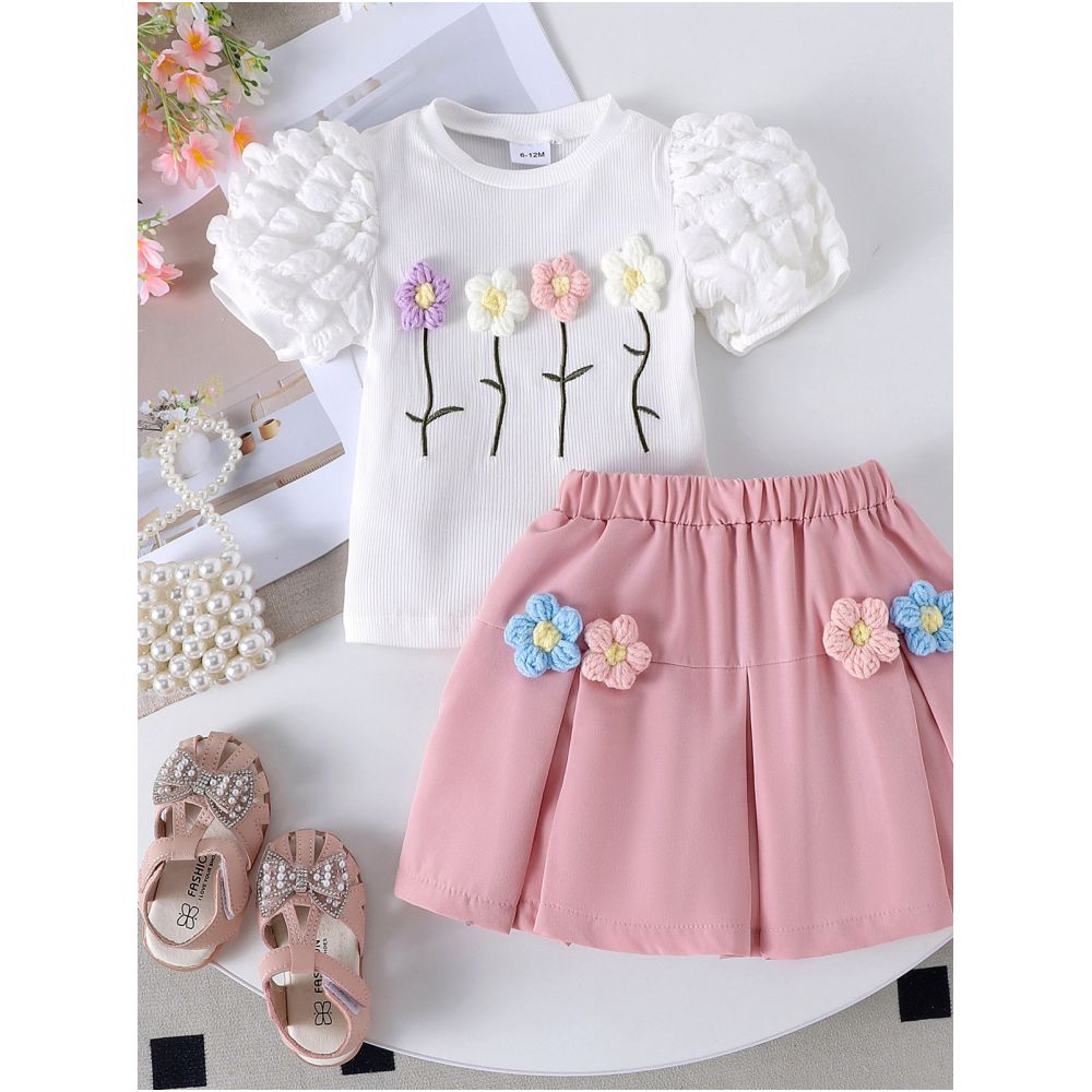 1 4 year old girl s summer cute flower bubble short sleeved top pleated skirt two piece set for foreign trade children s clothing image 1