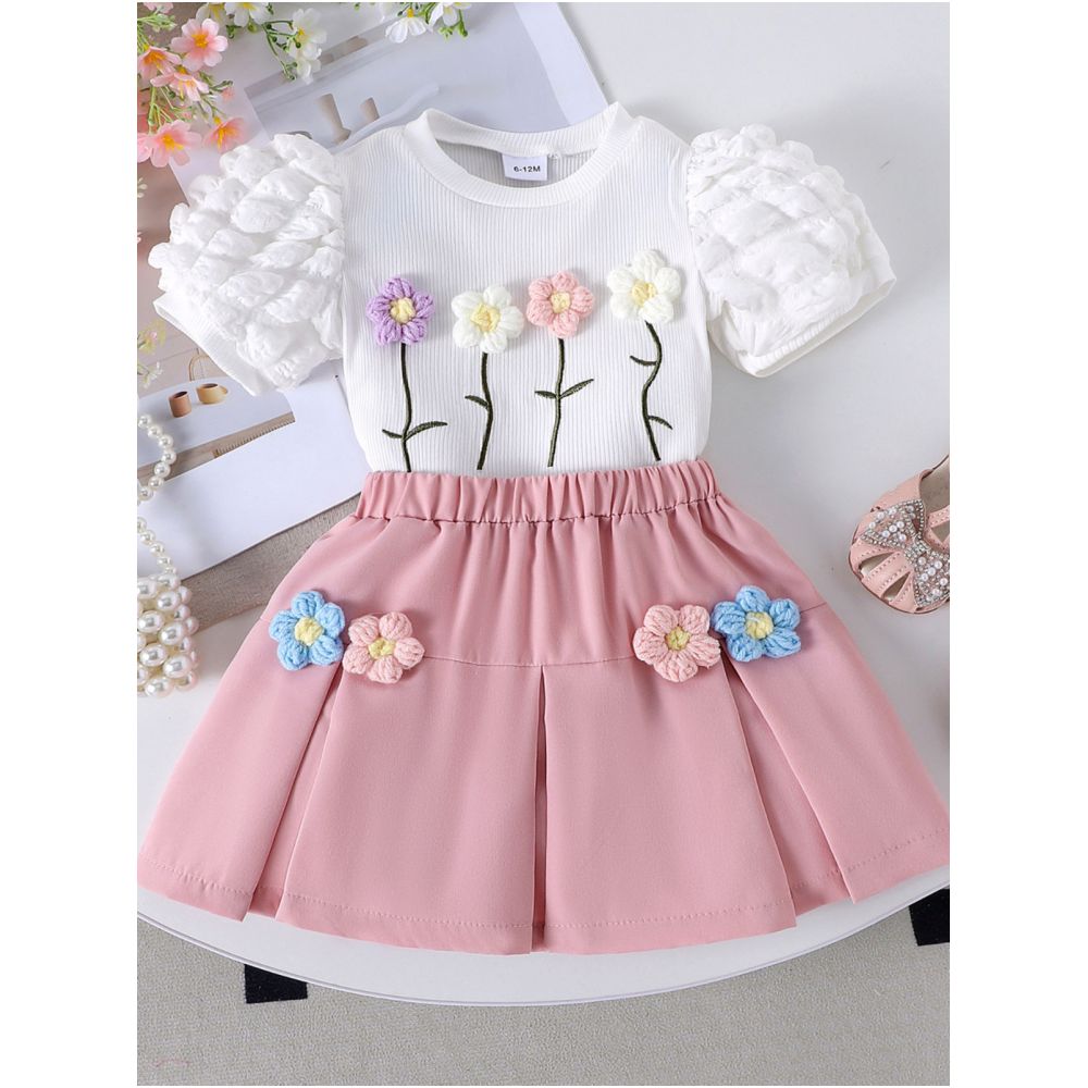1 4 year old girl s summer cute flower bubble short sleeved top pleated skirt two piece set for foreign trade children s clothing image 2