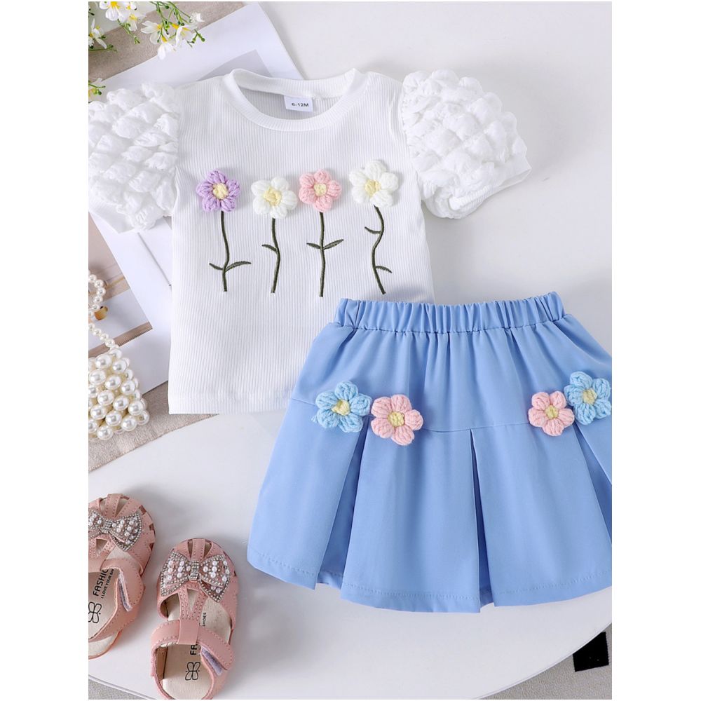 1 4 year old girl s summer cute flower bubble short sleeved top pleated skirt two piece set for foreign trade children s clothing image 3