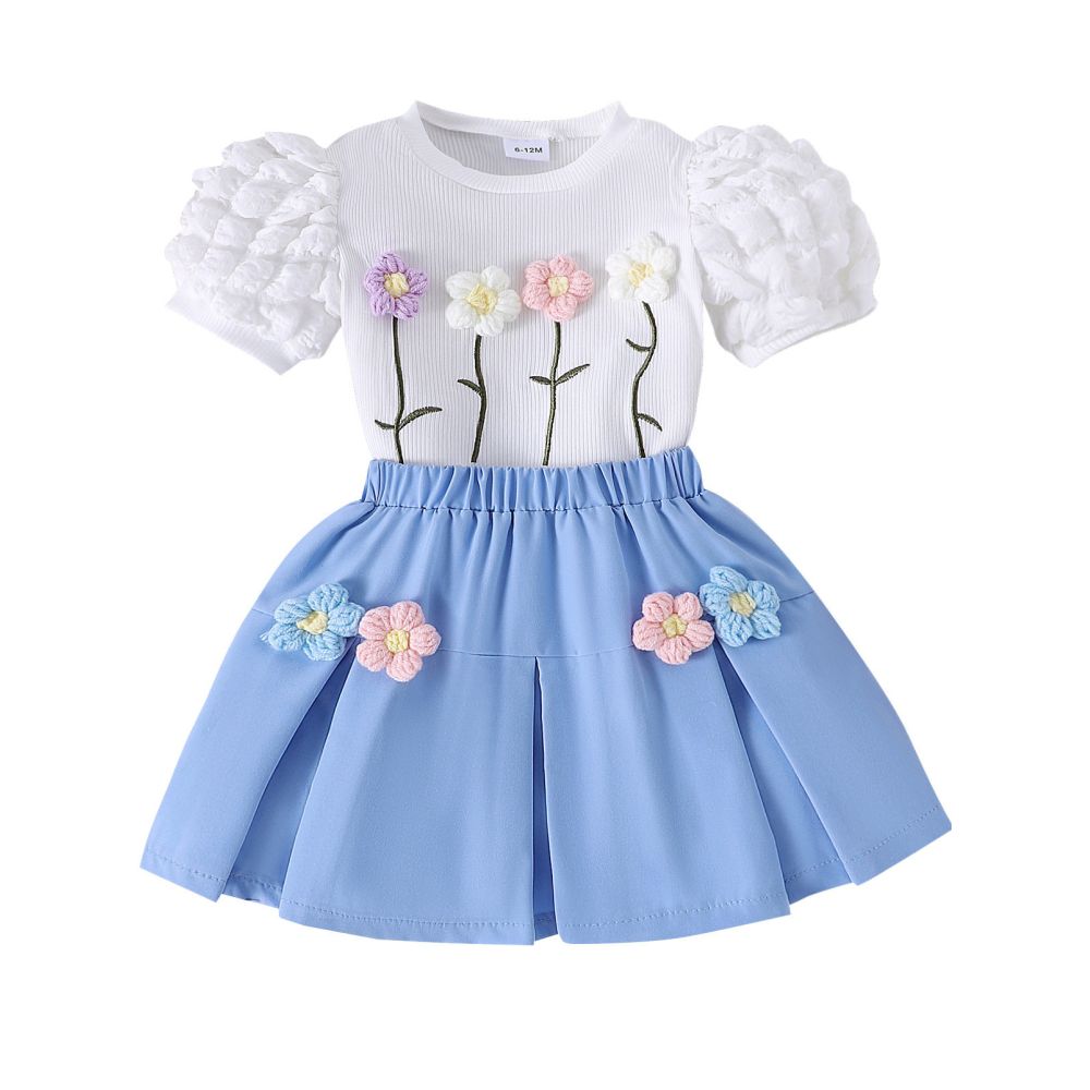 1 4 year old girl s summer cute flower bubble short sleeved top pleated skirt two piece set for foreign trade children s clothing image 4