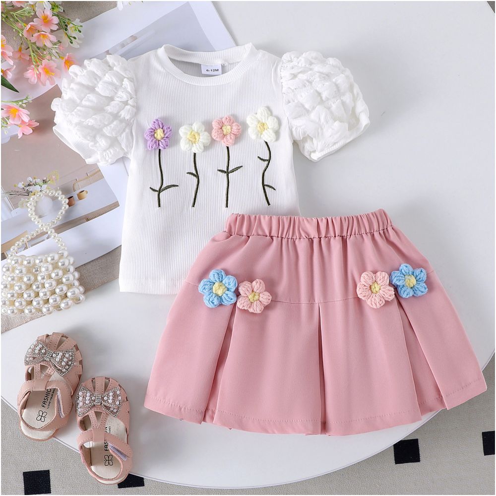 girl s summer cute flower bubble short sleeved top pleated skirt two piece set for foreign trade children s clothing