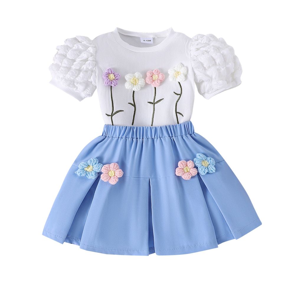 girl s summer cute flower bubble short sleeved top pleated skirt two piece set for foreign trade children s clothing