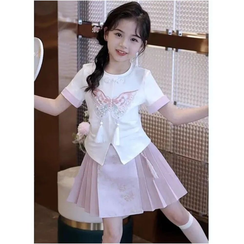 Girls two piece set 2025 summer new style temperament Chinese style children s girls short sleeved skirt Chinese style set summer outfit image 0