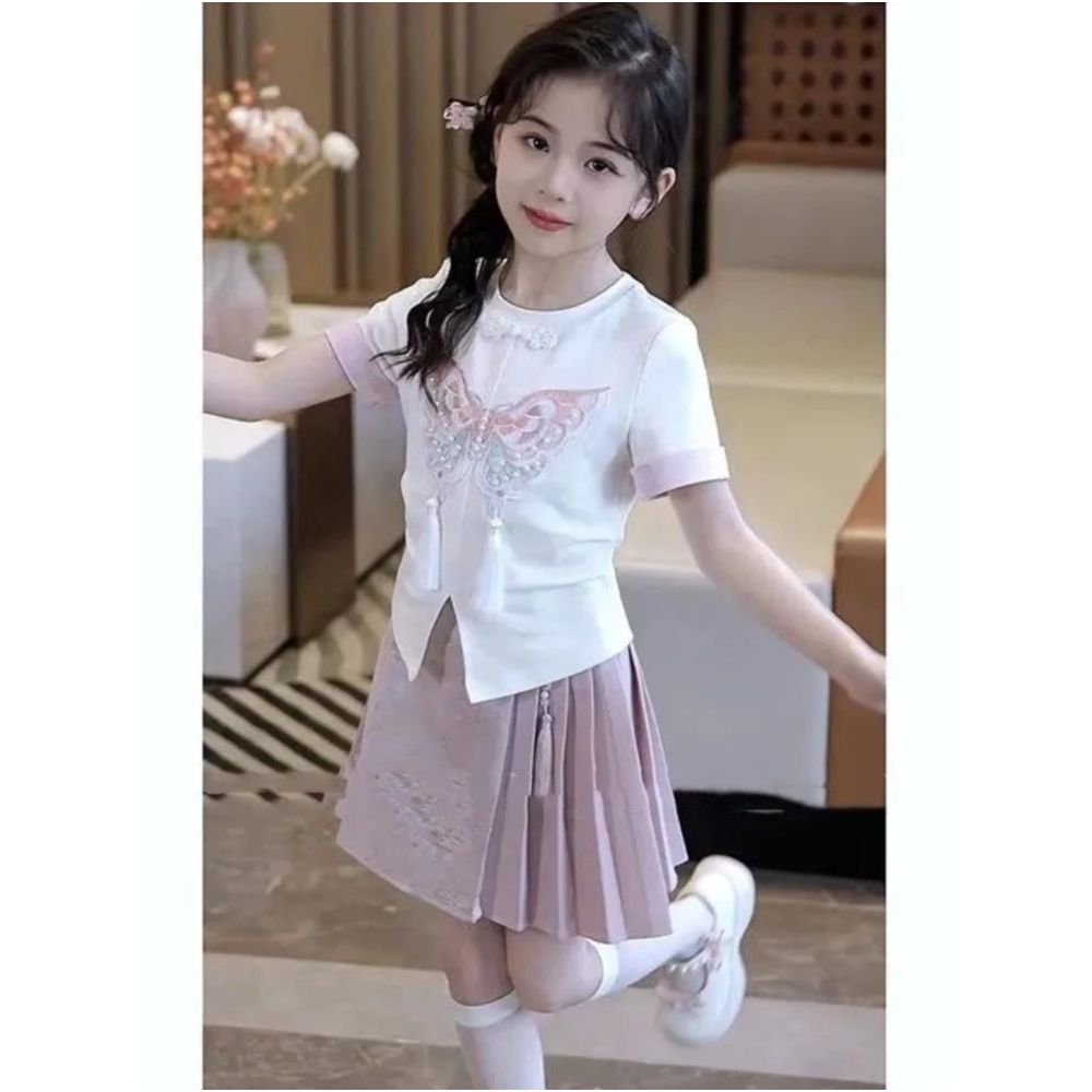 Girls two piece set 2025 summer new style temperament Chinese style children s girls short sleeved skirt Chinese style set summer outfit image 2