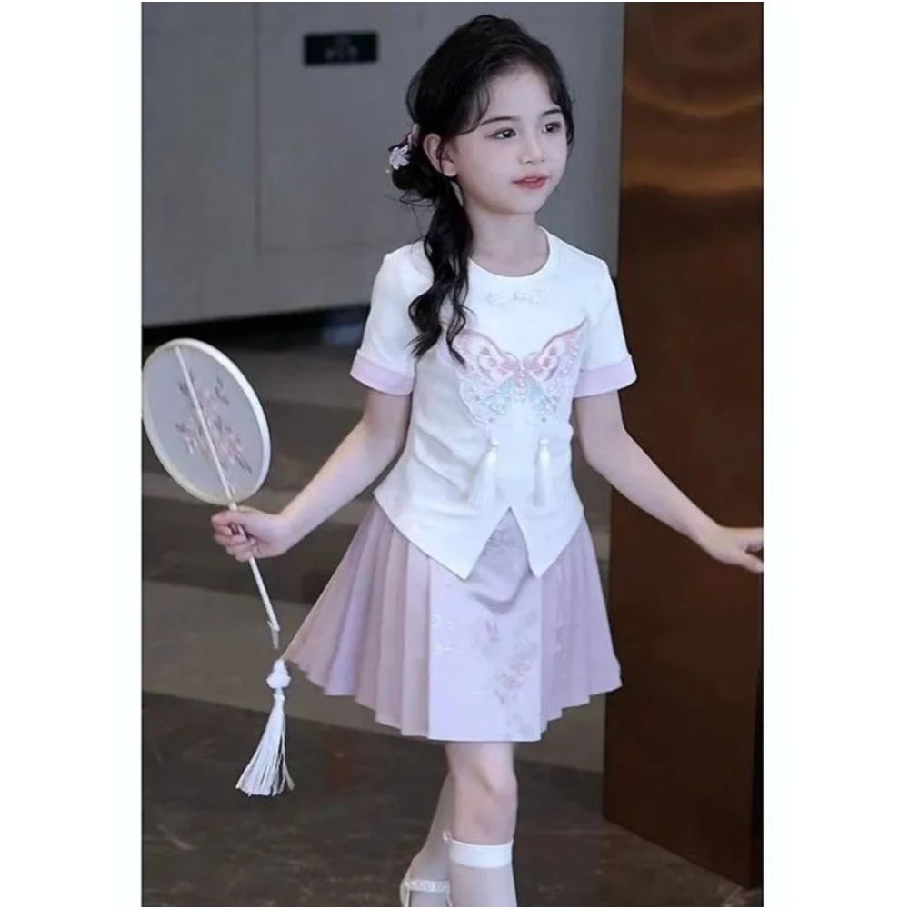 Girls two piece set 2025 summer new style temperament Chinese style children s girls short sleeved skirt Chinese style set summer outfit image 3