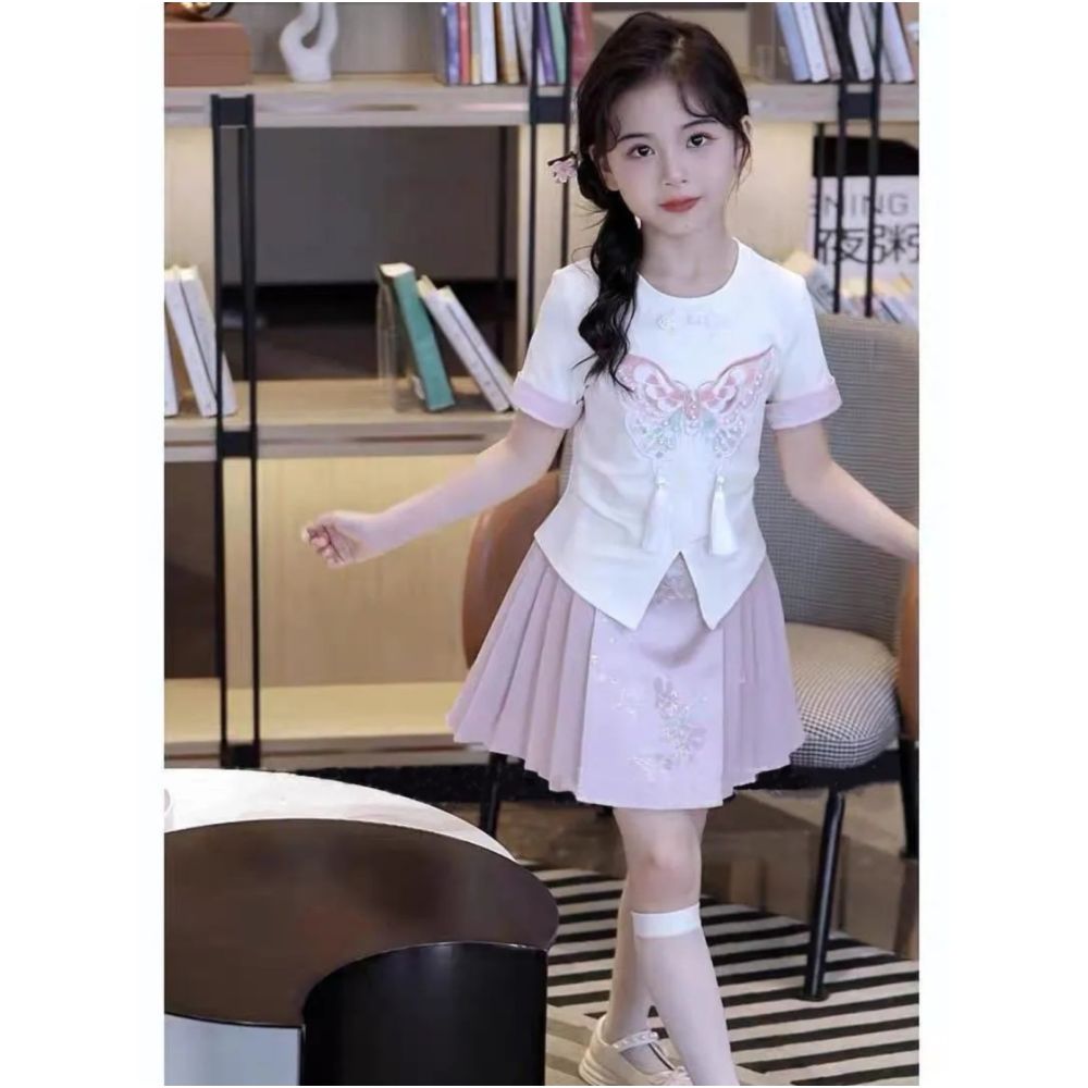 Girls two piece set 2025 summer new style temperament Chinese style children s girls short sleeved skirt Chinese style set summer outfit image 4