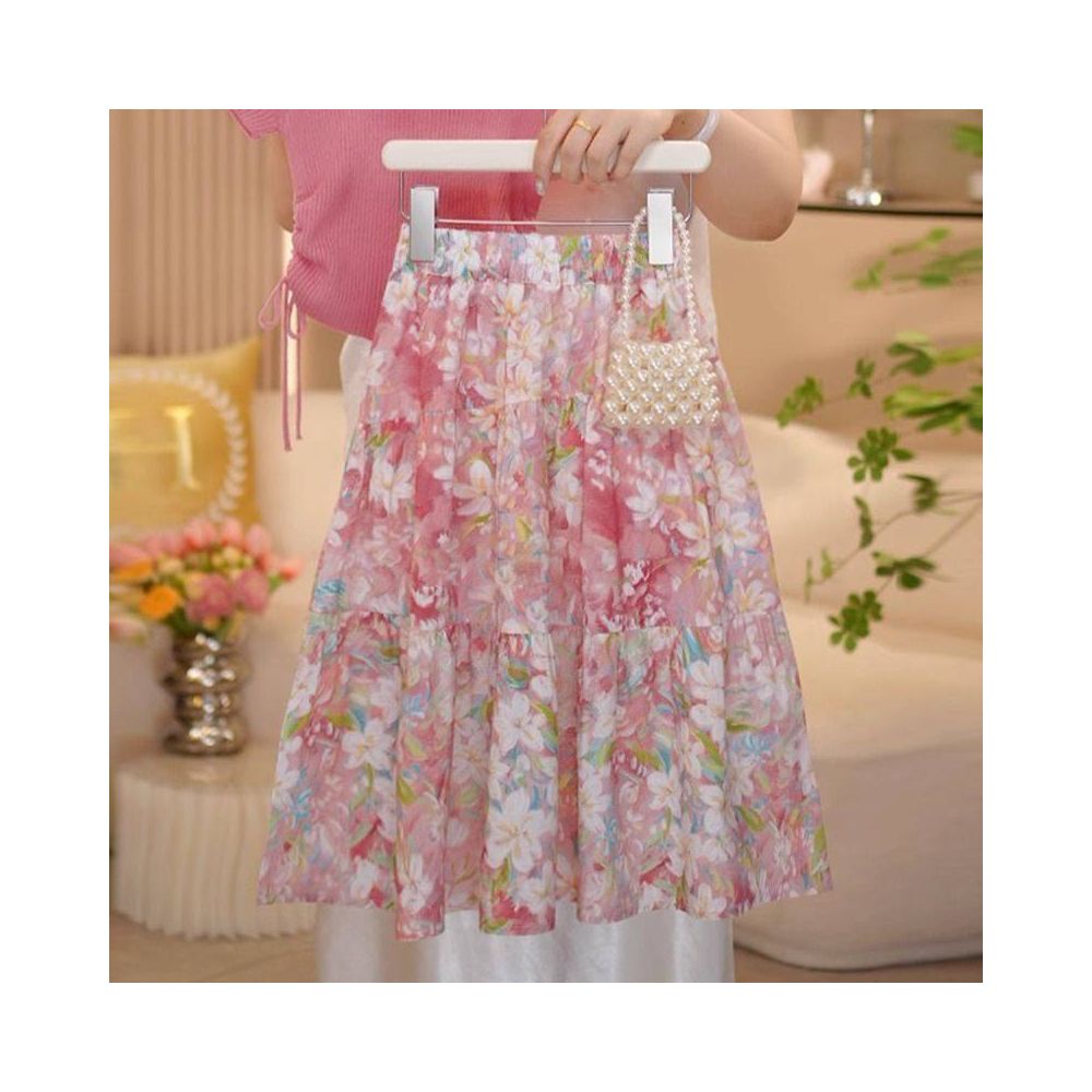 Girls floral skirt set for summer 2025 new children s summer outfit girls waist cinched T shirt two piece set stylish image 4