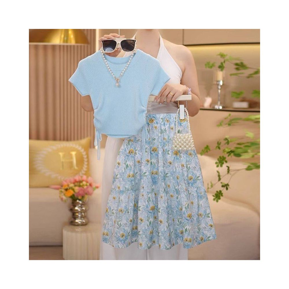 Girls floral skirt set for summer 2025 new children s summer outfit girls waist cinched T shirt two piece set stylish
