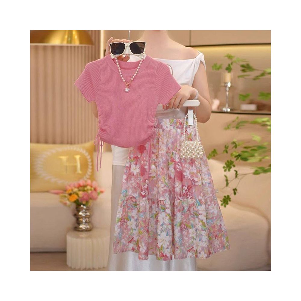 Girls floral skirt set for summer 2025 new children s summer outfit girls waist cinched T shirt two piece set stylish
