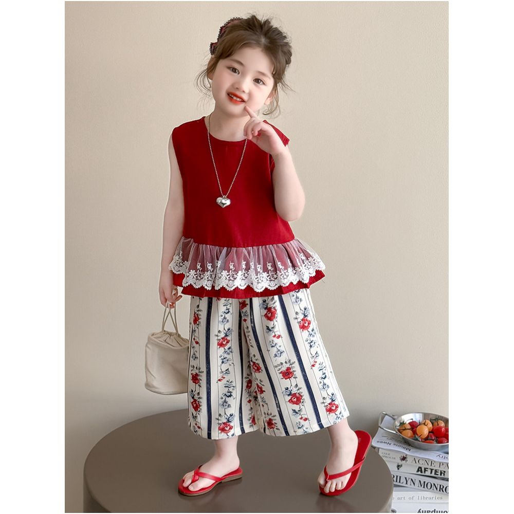 Girls Korean version set summer 2025 new style baby girl lace vest summer outfit little girl wide leg pants set image 0