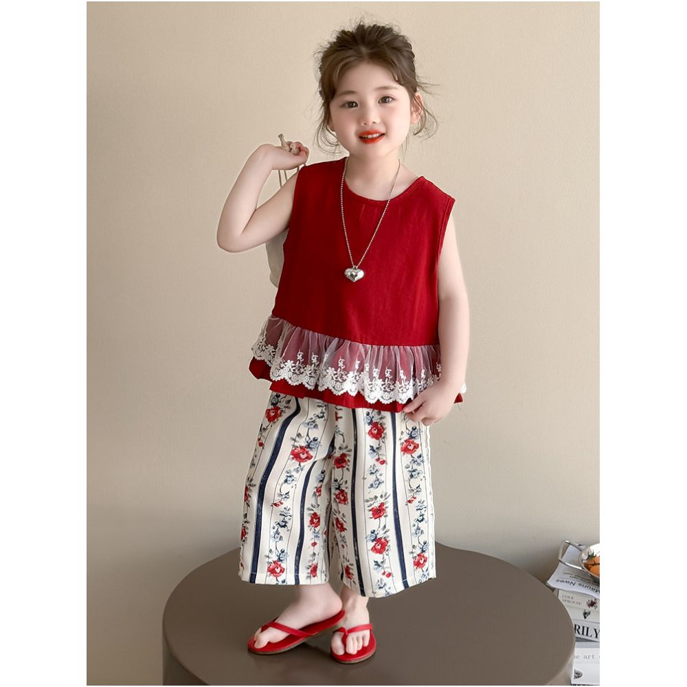 Girls Korean version set summer 2025 new style baby girl lace vest summer outfit little girl wide leg pants set image 1