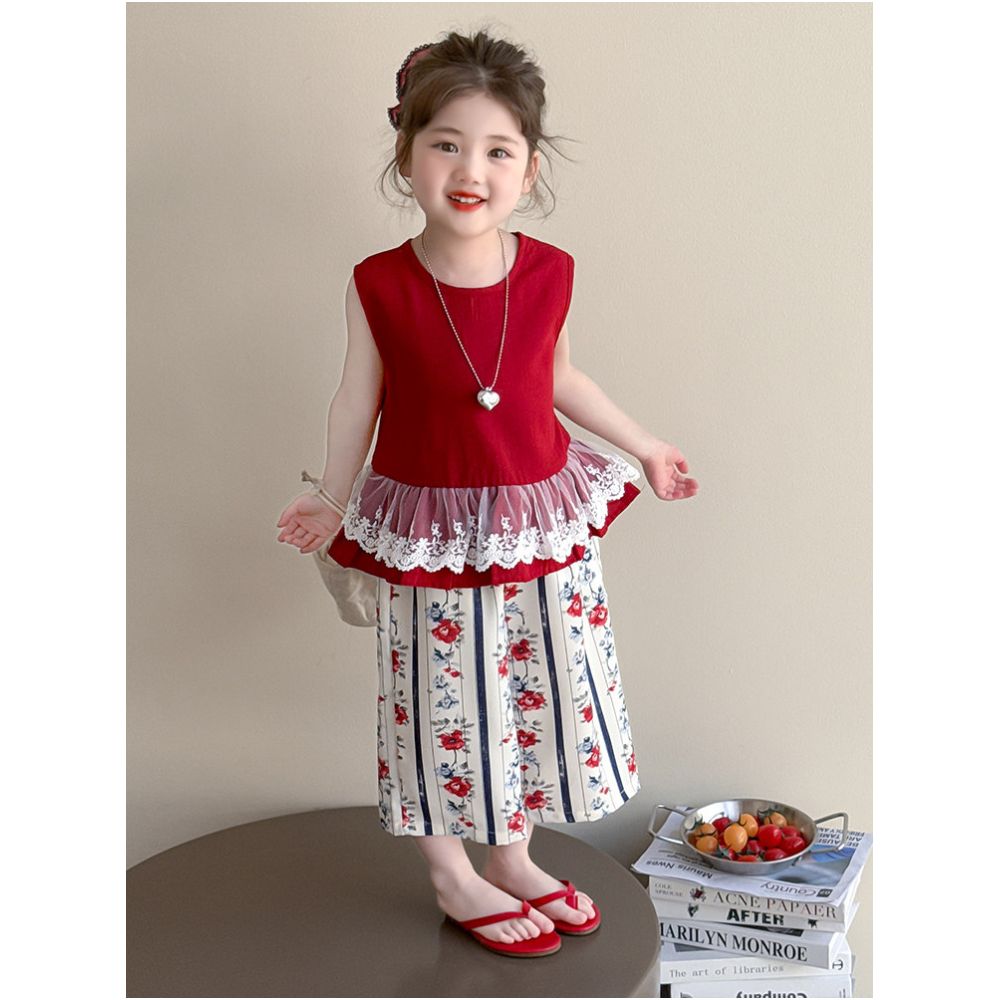 Girls Korean version set summer 2025 new style baby girl lace vest summer outfit little girl wide leg pants set image 3