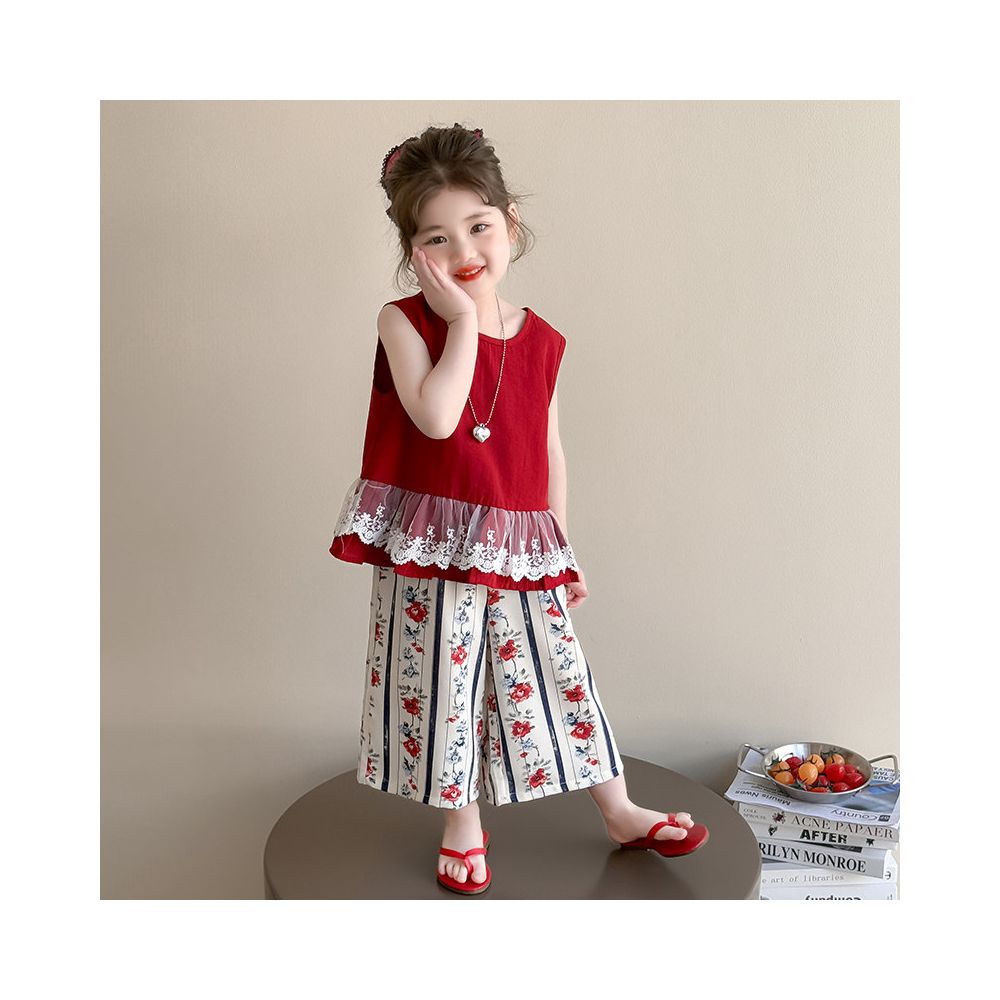 Girls Korean version set summer new style baby girl lace vest summer outfit little girl wide leg pants set