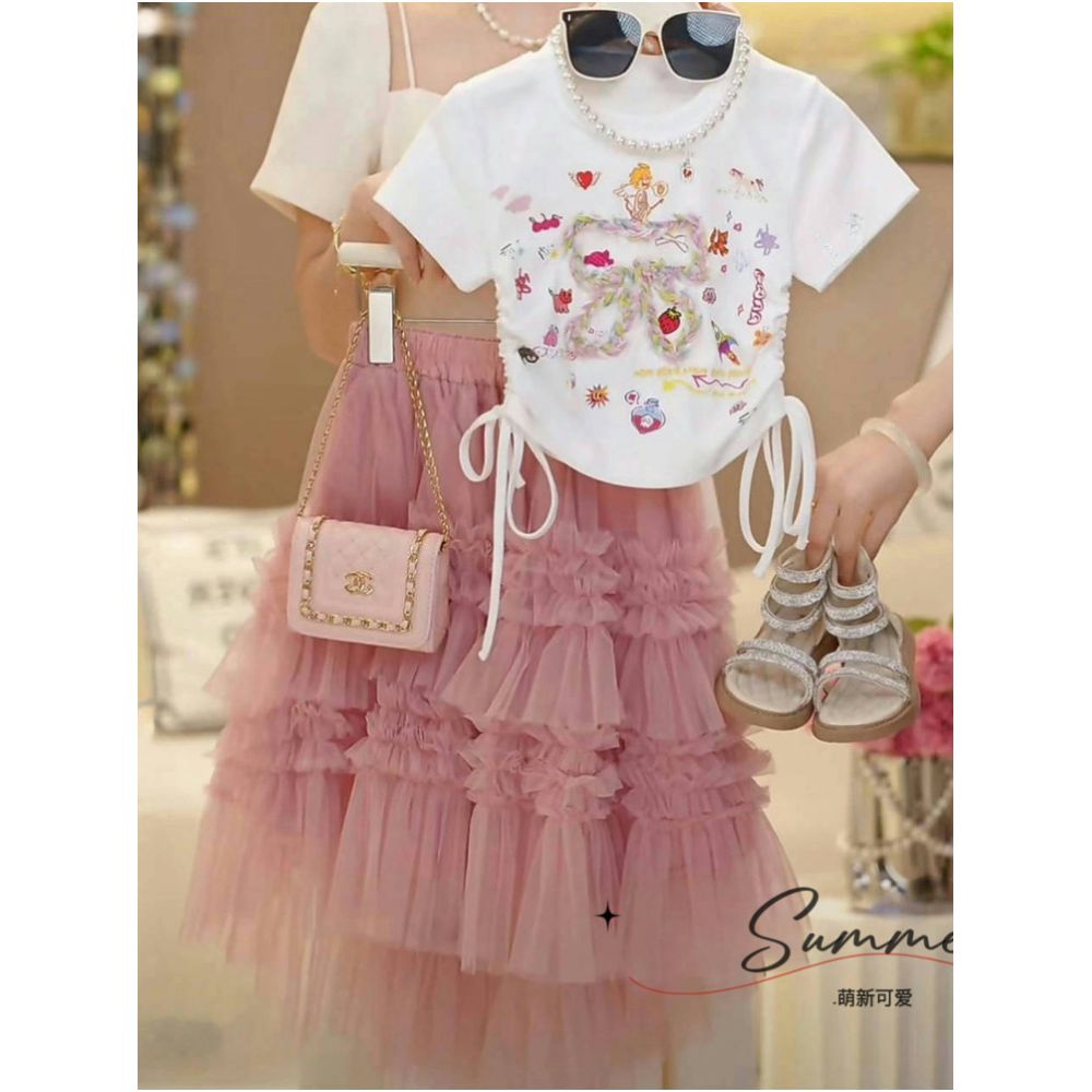 Girls drawstring short sleeved skirt set summer 2025 new sweet bow T shirt lace cake long skirt image 0