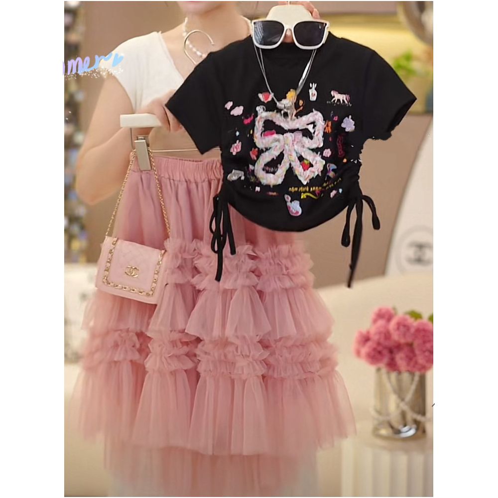Girls drawstring short sleeved skirt set summer 2025 new sweet bow T shirt lace cake long skirt image 1