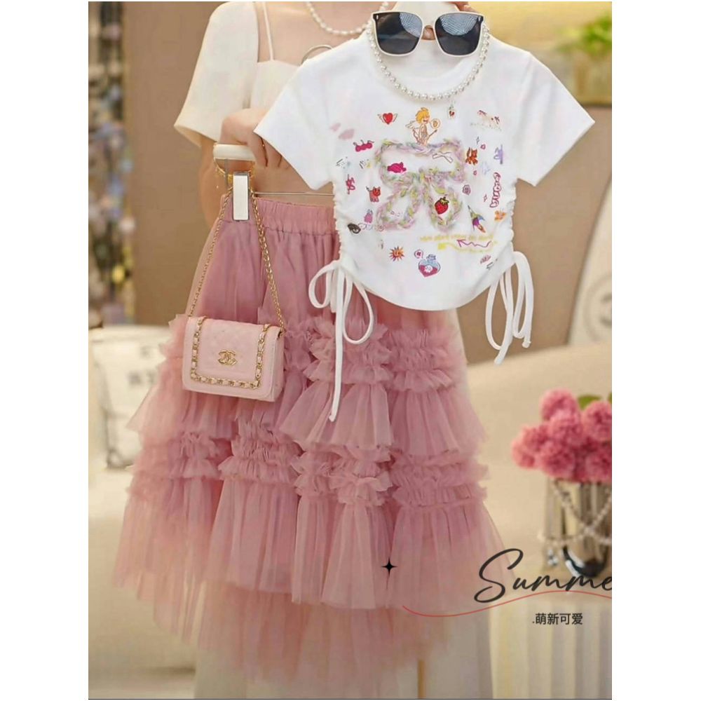 Girls drawstring short sleeved skirt set summer 2025 new sweet bow T shirt lace cake long skirt image 2
