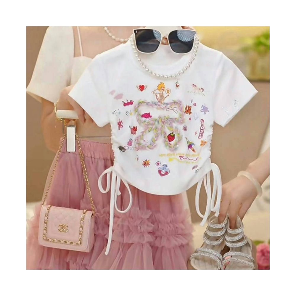 Girls drawstring short sleeved skirt set summer  new sweet bow T shirt lace cake long skirt