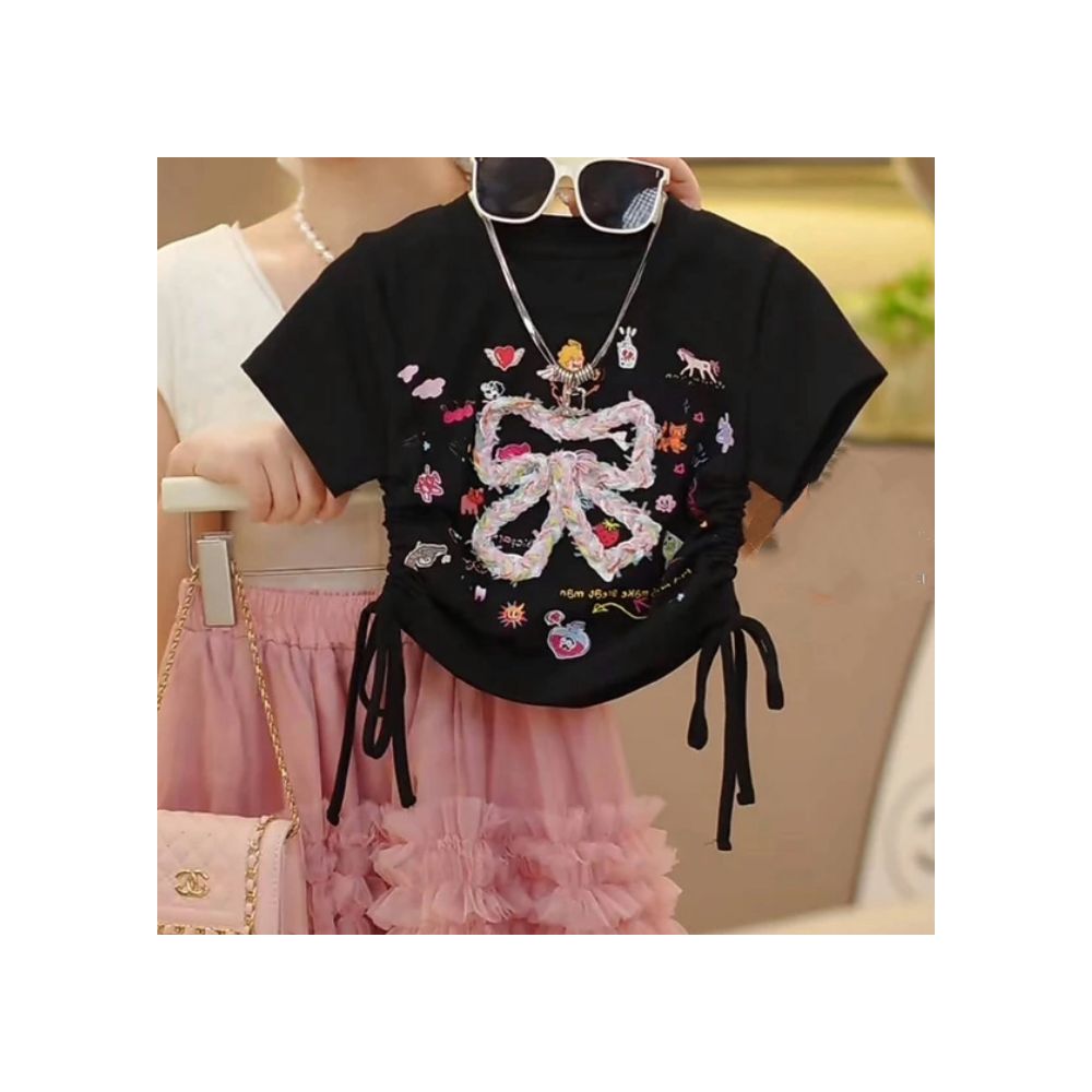 Girls drawstring short sleeved skirt set summer  new sweet bow T shirt lace cake long skirt