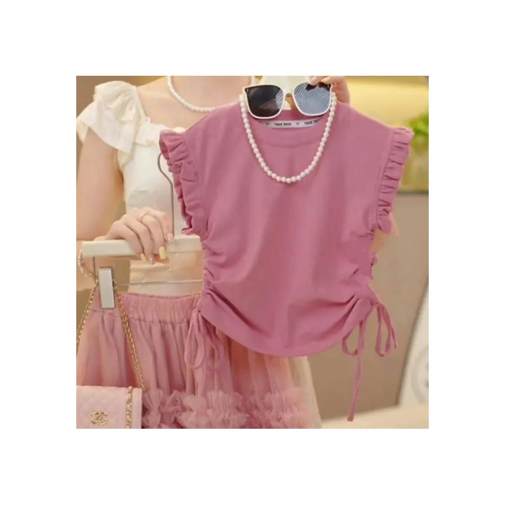 Girls drawstring short sleeved skirt set summer  new sweet bow T shirt lace cake long skirt