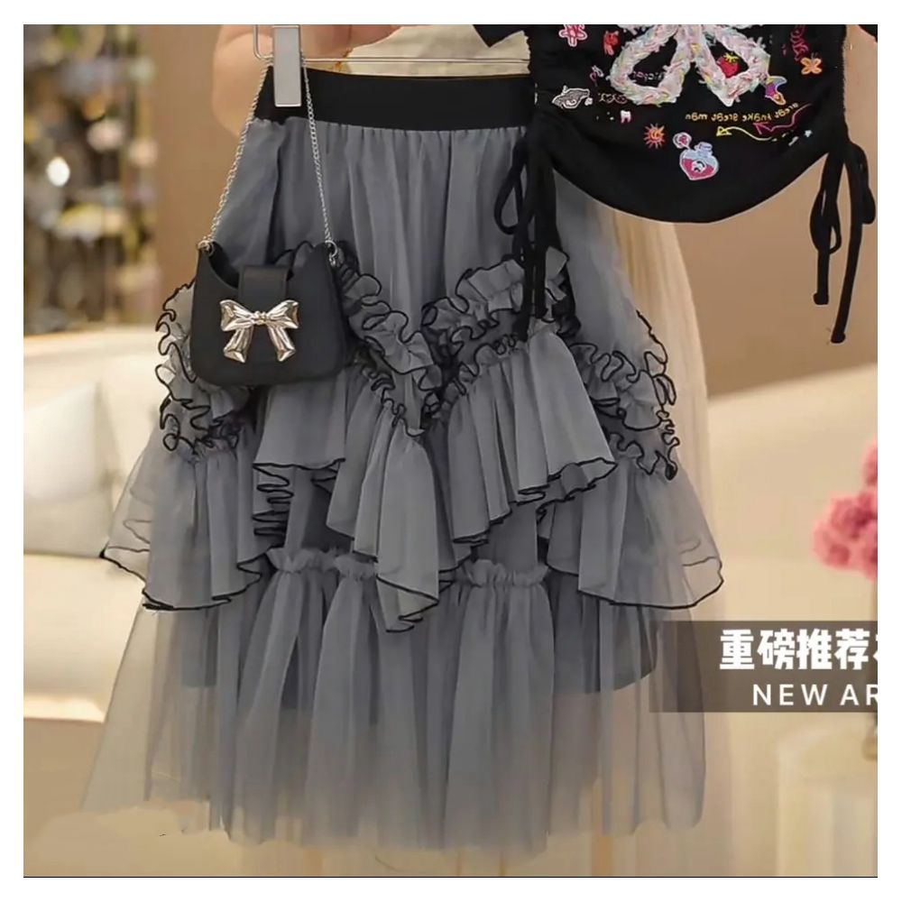 Girls drawstring short sleeved skirt set summer  new sweet bow T shirt lace cake long skirt
