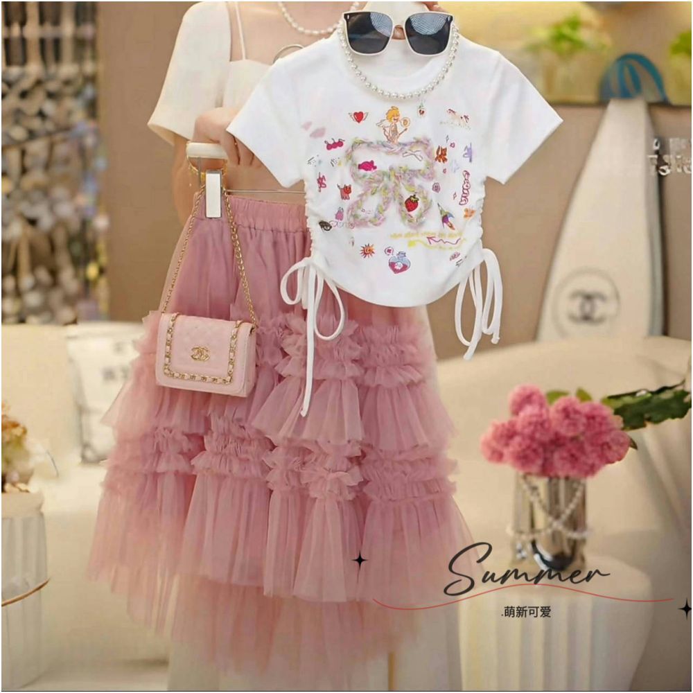 Girls drawstring short sleeved skirt set summer  new sweet bow T shirt lace cake long skirt