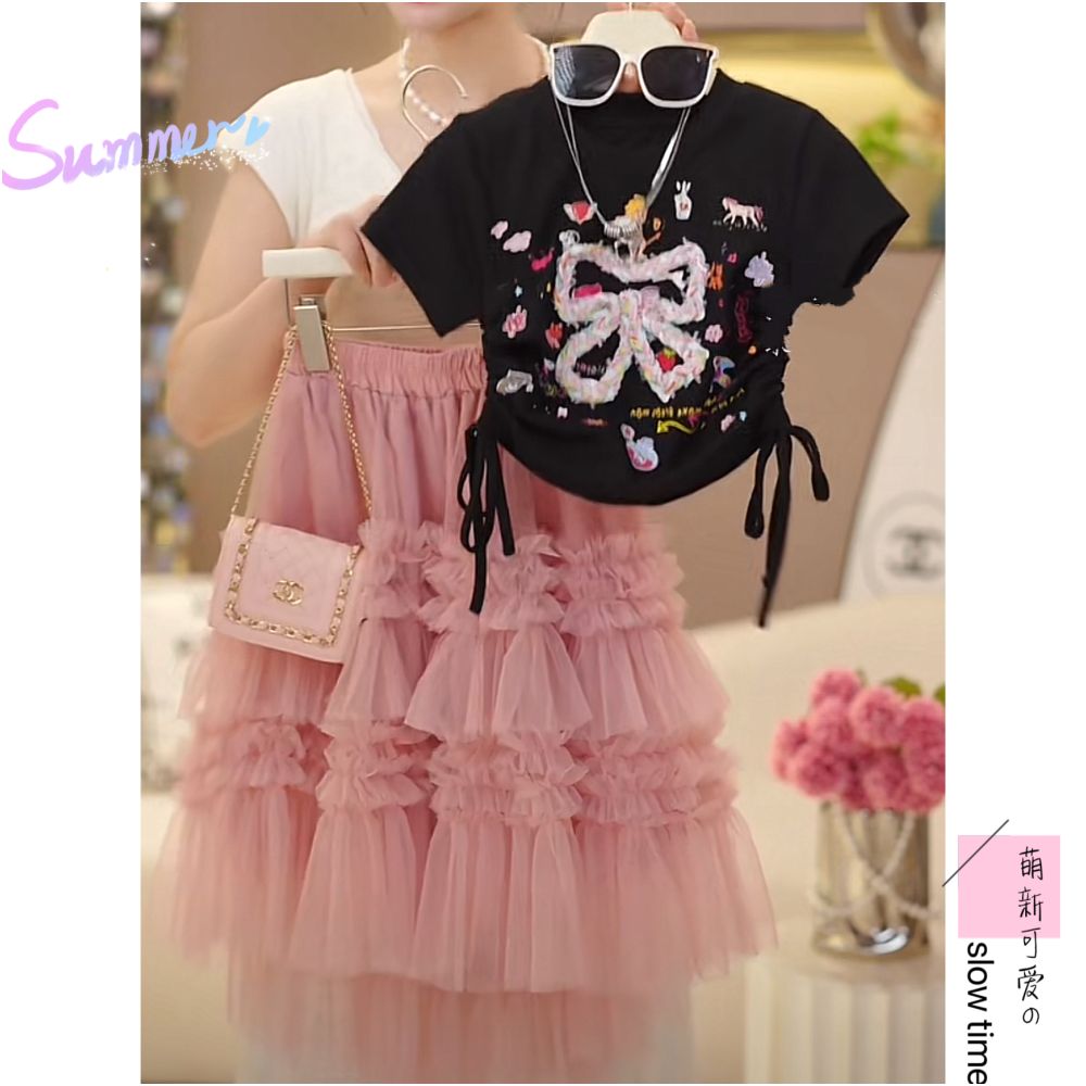 Girls drawstring short sleeved skirt set summer  new sweet bow T shirt lace cake long skirt
