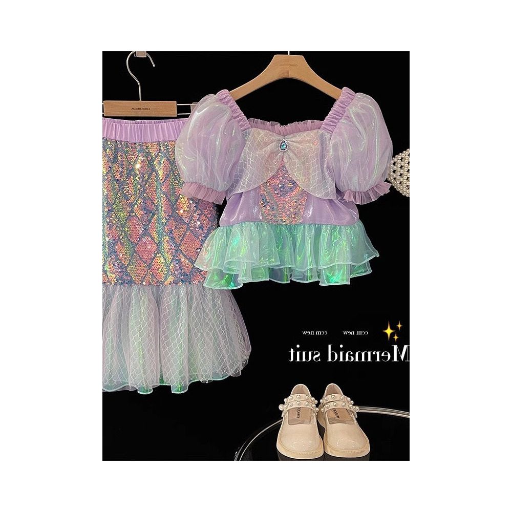 Girl baby summer outfit mermaid set children s bubble sleeve short sleeved shirt princess pearl fish tail half body skirt image 0