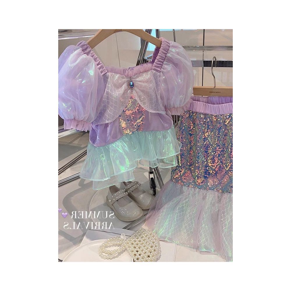 Girl baby summer outfit mermaid set children s bubble sleeve short sleeved shirt princess pearl fish tail half body skirt image 1