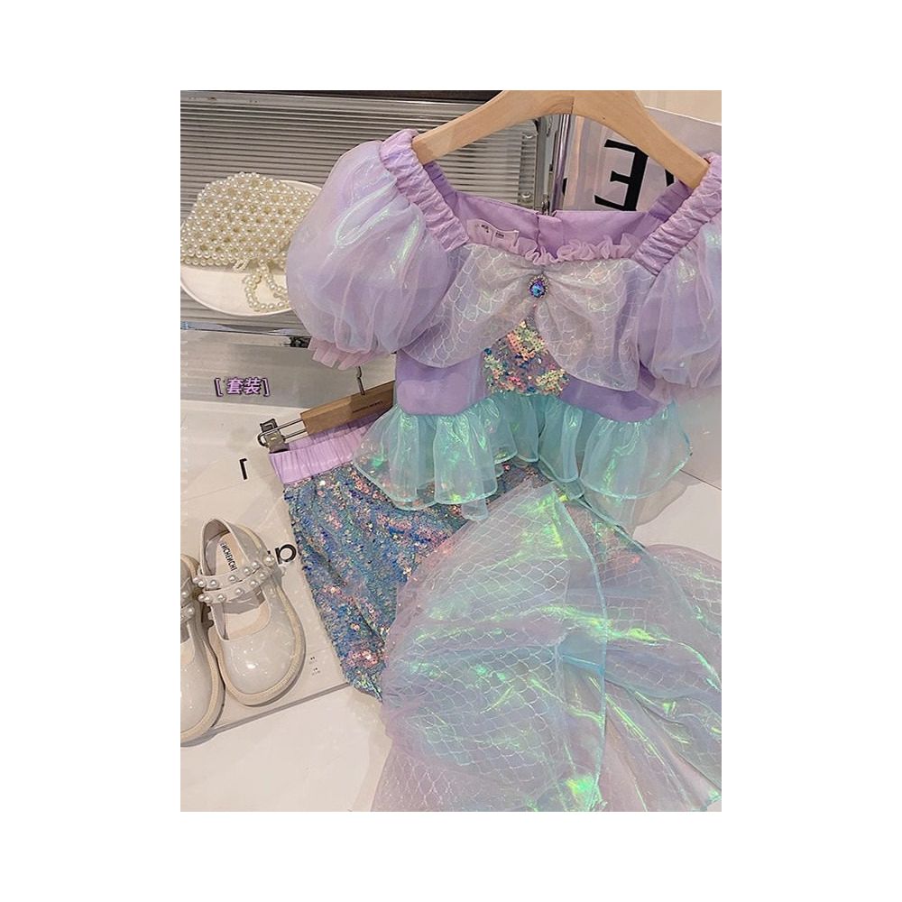 Girl baby summer outfit mermaid set children s bubble sleeve short sleeved shirt princess pearl fish tail half body skirt image 2