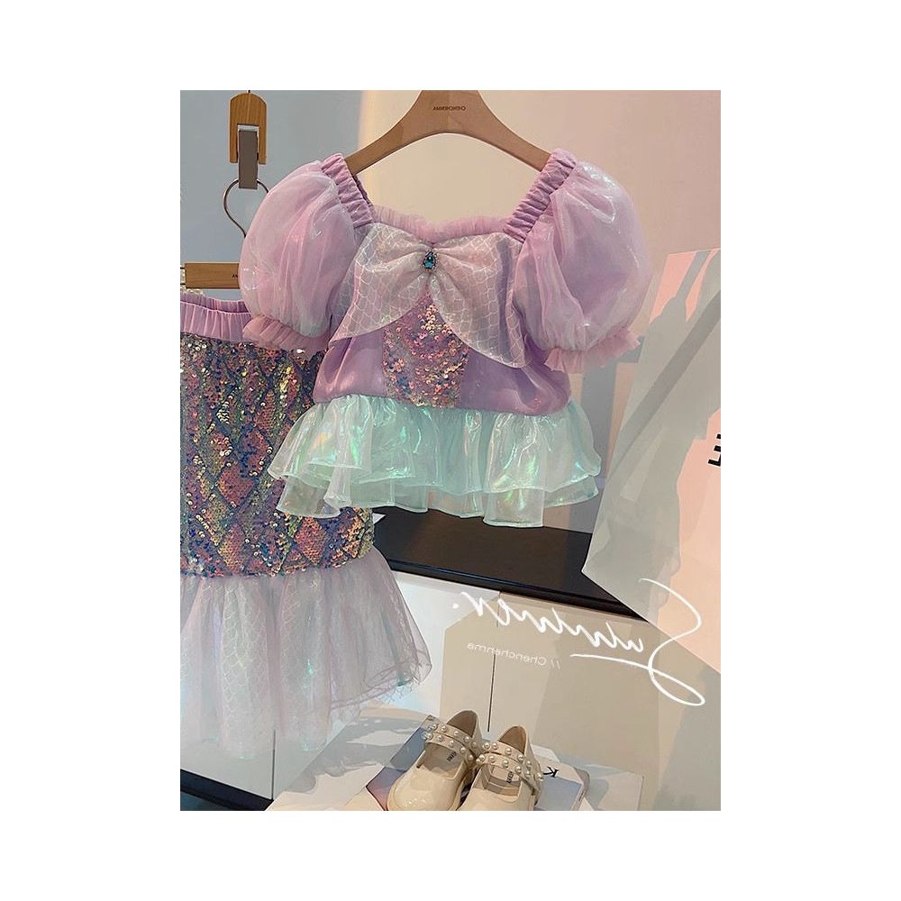 Girl baby summer outfit mermaid set children s bubble sleeve short sleeved shirt princess pearl fish tail half body skirt image 3