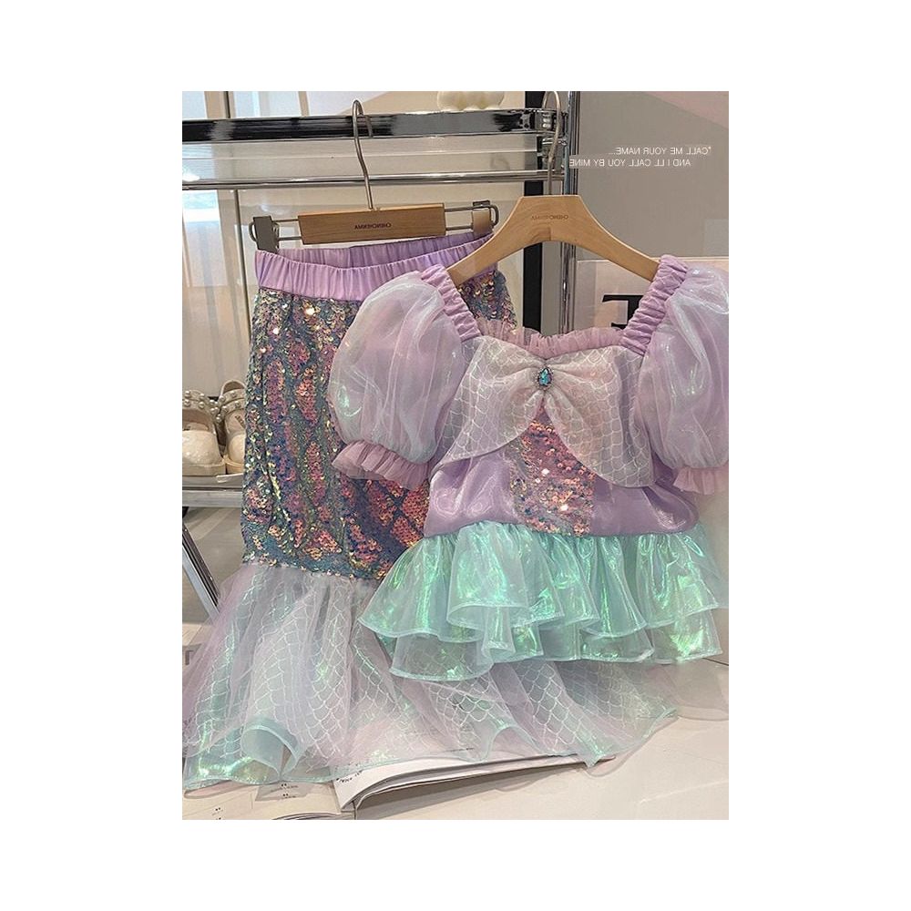 Girl baby summer outfit mermaid set children s bubble sleeve short sleeved shirt princess pearl fish tail half body skirt image 4