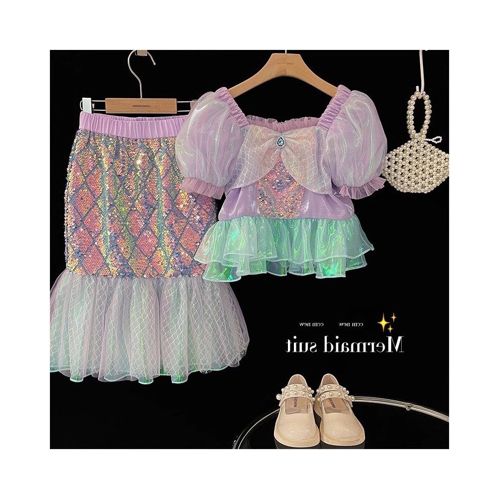Girl baby summer outfit mermaid set children s bubble sleeve short sleeved shirt princess pearl fish tail half body skirt