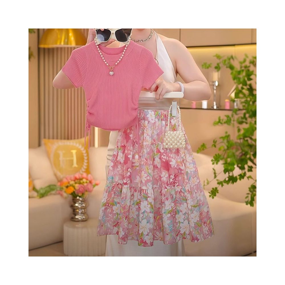 Girls summer set 2025 new children s stylish short sleeved T shirt summer outfit girls sweet half skirt two piece set image 0