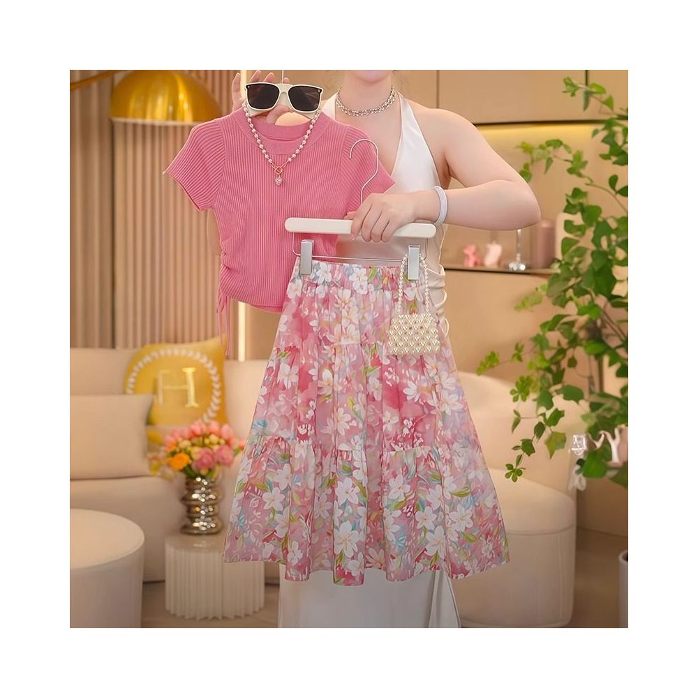 Girls summer set 2025 new children s stylish short sleeved T shirt summer outfit girls sweet half skirt two piece set image 2
