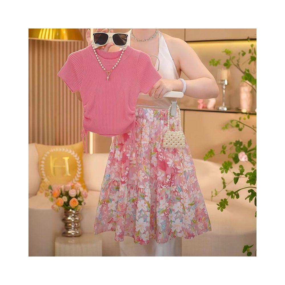 Girls summer set 2025 new children s stylish short sleeved T shirt summer outfit girls sweet half skirt two piece set