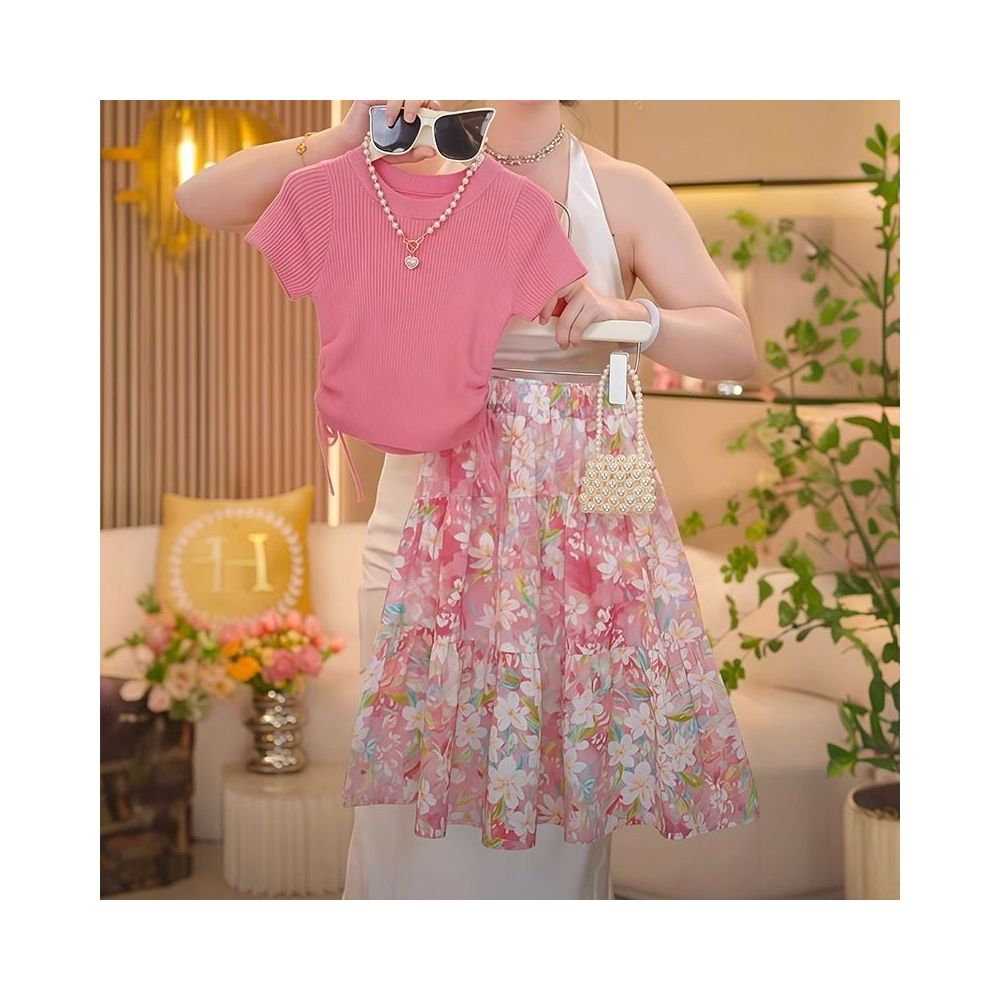 Girls summer set 2025 new children s stylish short sleeved T shirt summer outfit girls sweet half skirt two piece set image 4