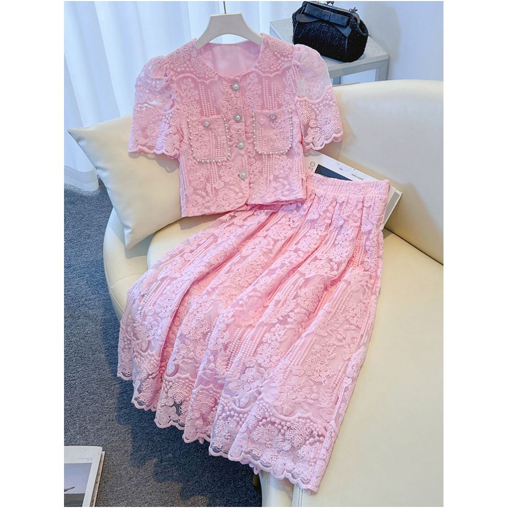 Pink Little Fragrant Lace Dress 2025 New Women s Summer French Style Light Luxury High End Set Skirt image 0