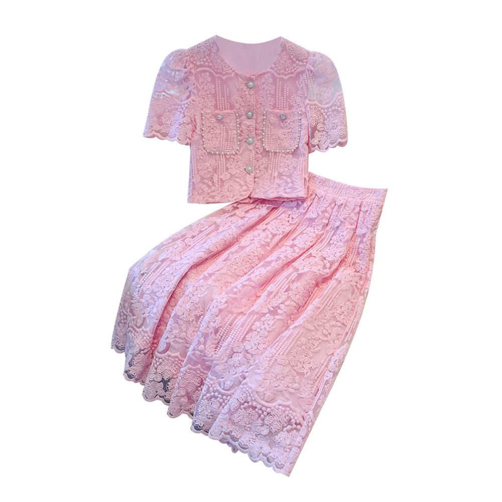 Pink Little Fragrant Lace Dress 2025 New Women s Summer French Style Light Luxury High End Set Skirt image 4