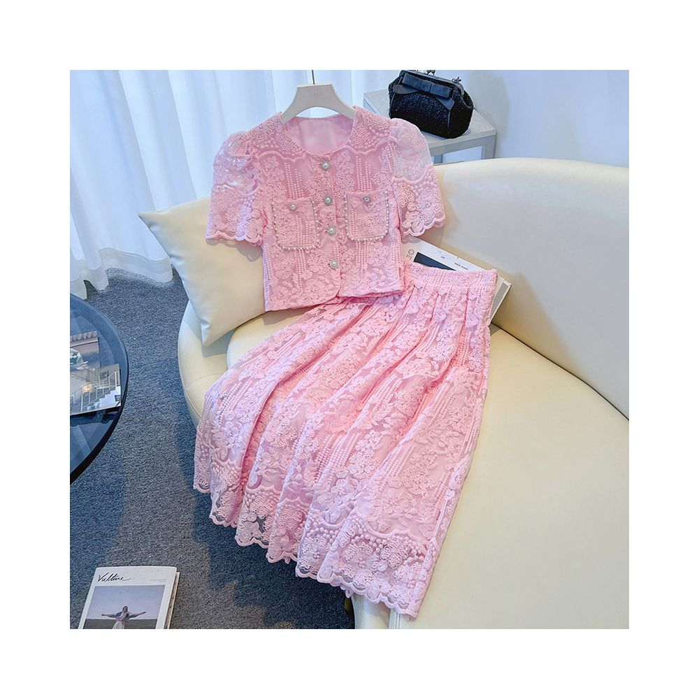 Pink Little Fragrant Lace Dress  New Women s Summer French Style Light Luxury High End Set Skirt
