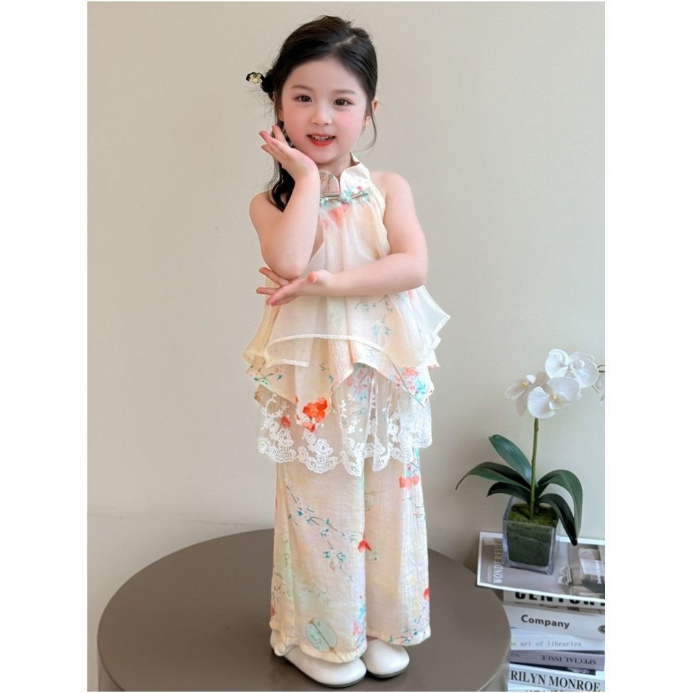 Hanfu Girls New Chinese Style Summer Set 2025 New Western Style Children s Sleeveless Summer Set Lace Two Piece Set image 0