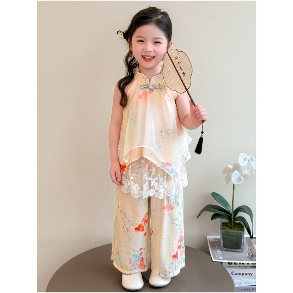 Hanfu Girls New Chinese Style Summer Set 2025 New Western Style Children s Sleeveless Summer Set Lace Two Piece Set image 1