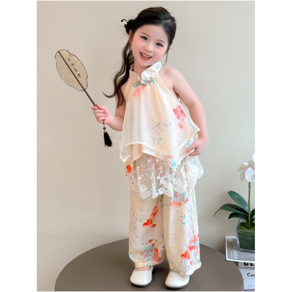 Hanfu Girls New Chinese Style Summer Set 2025 New Western Style Children s Sleeveless Summer Set Lace Two Piece Set image 2