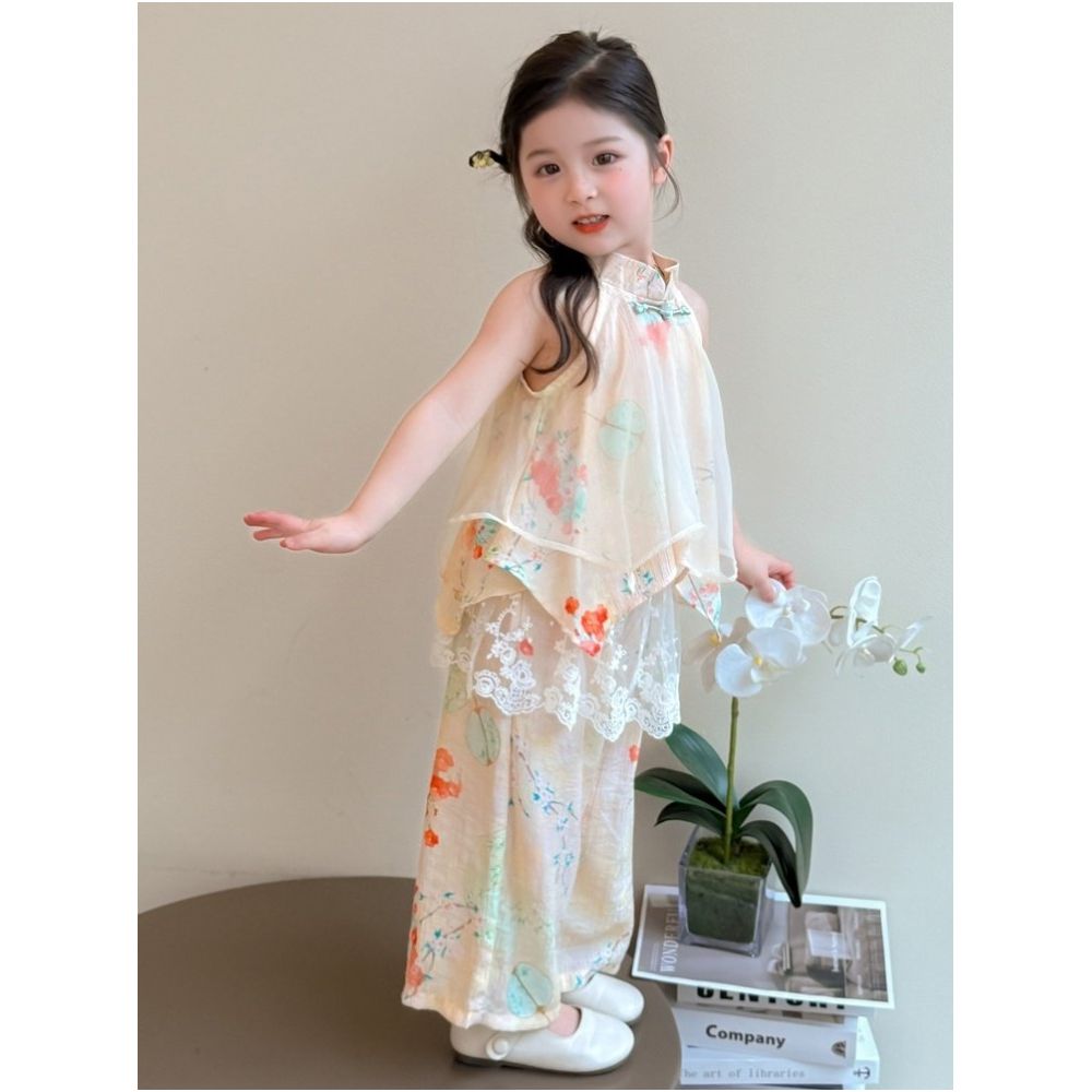 Hanfu Girls New Chinese Style Summer Set 2025 New Western Style Children s Sleeveless Summer Set Lace Two Piece Set image 3