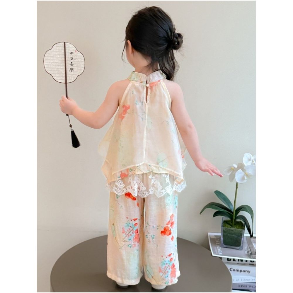 Hanfu Girls New Chinese Style Summer Set 2025 New Western Style Children s Sleeveless Summer Set Lace Two Piece Set image 4