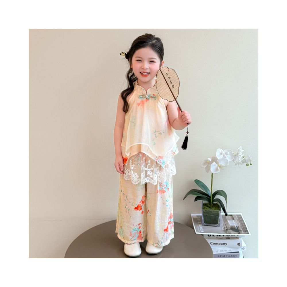 Hanfu Girls New Chinese Style Summer Set  New Western Style Children s Sleeveless Summer Set Lace Two Piece Set