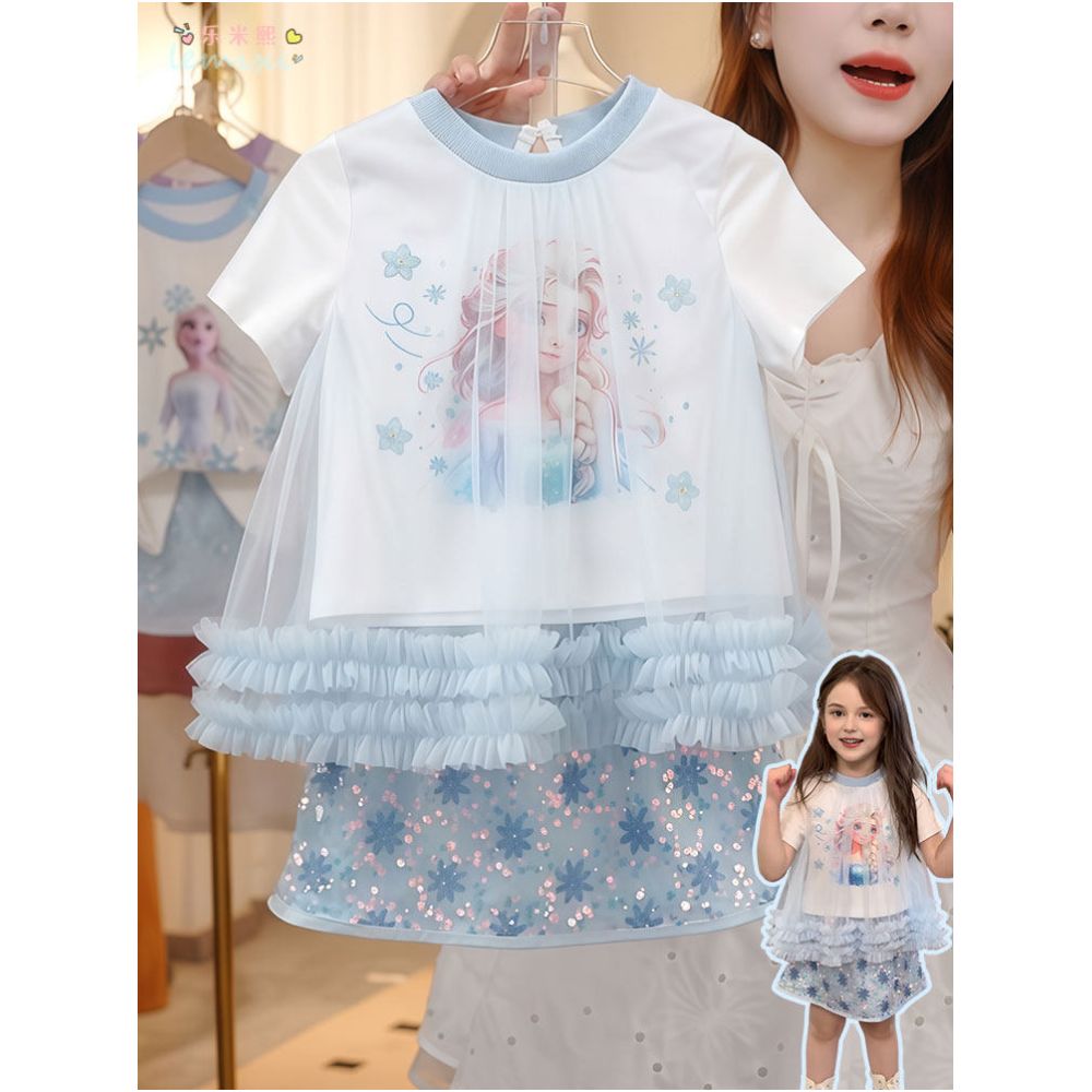Girl Elsa Short sleeved Sparkling Skirt Set 2025 Summer Women s Treasure Mesh Cartoon Fake Two piece T shirt Half body Short Skirt 9 image 0