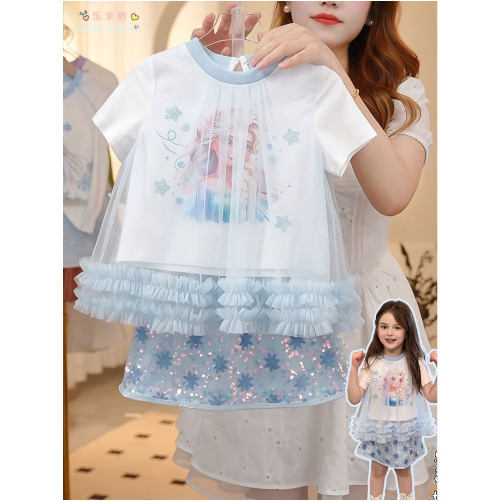 Girl Elsa Short sleeved Sparkling Skirt Set 2025 Summer Women s Treasure Mesh Cartoon Fake Two piece T shirt Half body Short Skirt 9 image 1