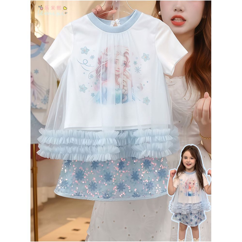 Girl Elsa Short sleeved Sparkling Skirt Set 2025 Summer Women s Treasure Mesh Cartoon Fake Two piece T shirt Half body Short Skirt 9 image 2