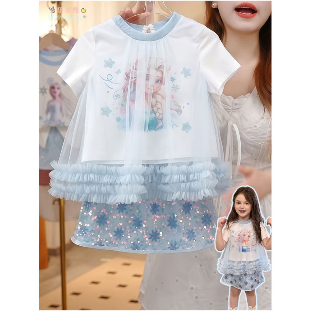 Girl Elsa Short sleeved Sparkling Skirt Set 2025 Summer Women s Treasure Mesh Cartoon Fake Two piece T shirt Half body Short Skirt 9 image 3